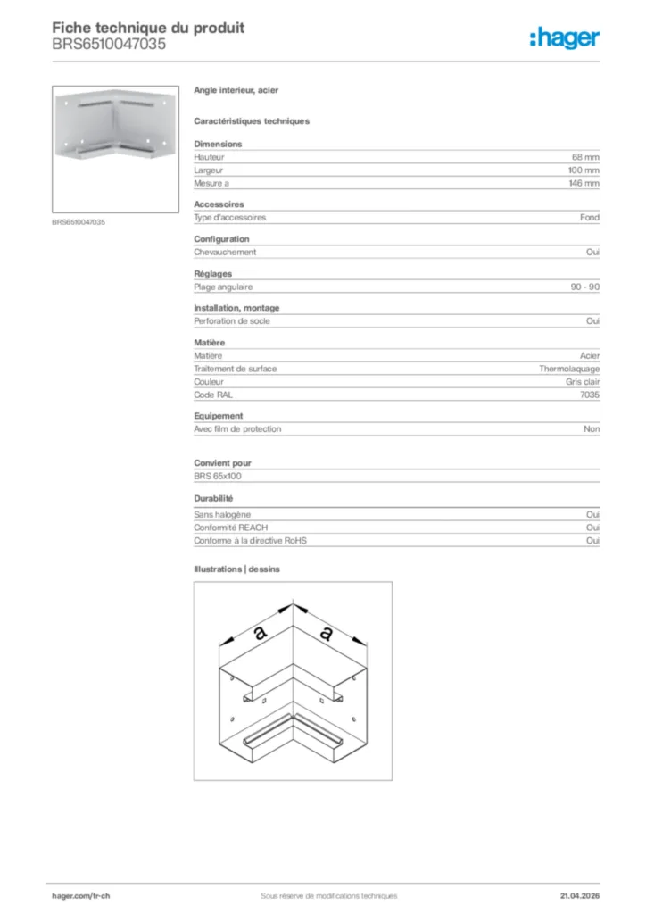 Image Hager Fiche technique du produit BRS6510047035 | Hager Suisse