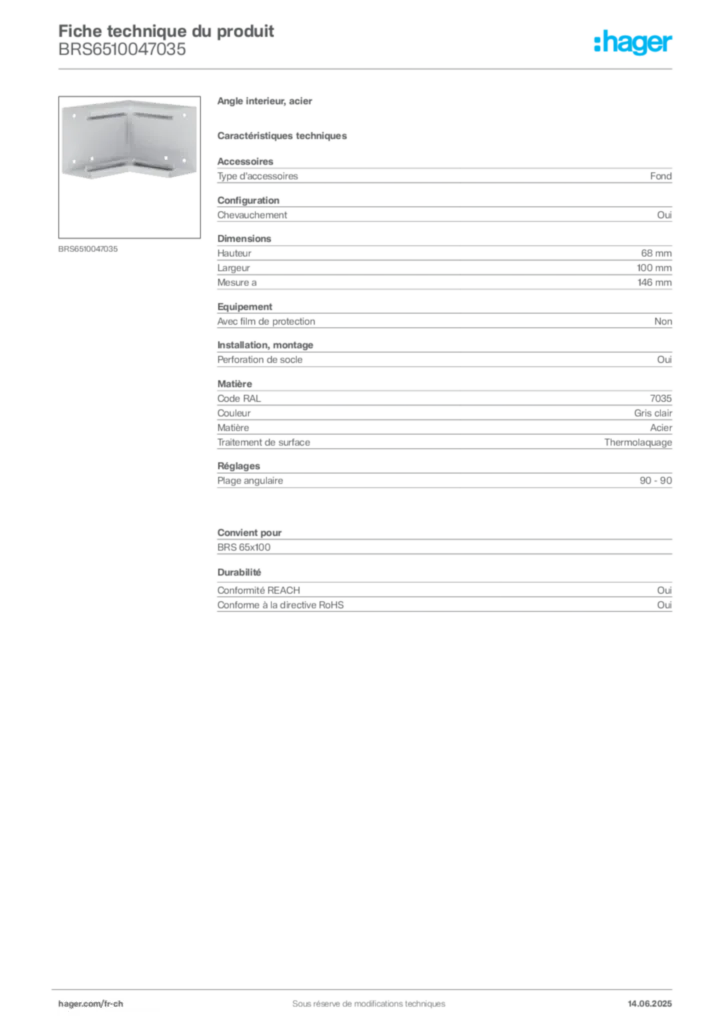 Image Hager Fiche technique du produit BRS6510047035 | Hager Suisse