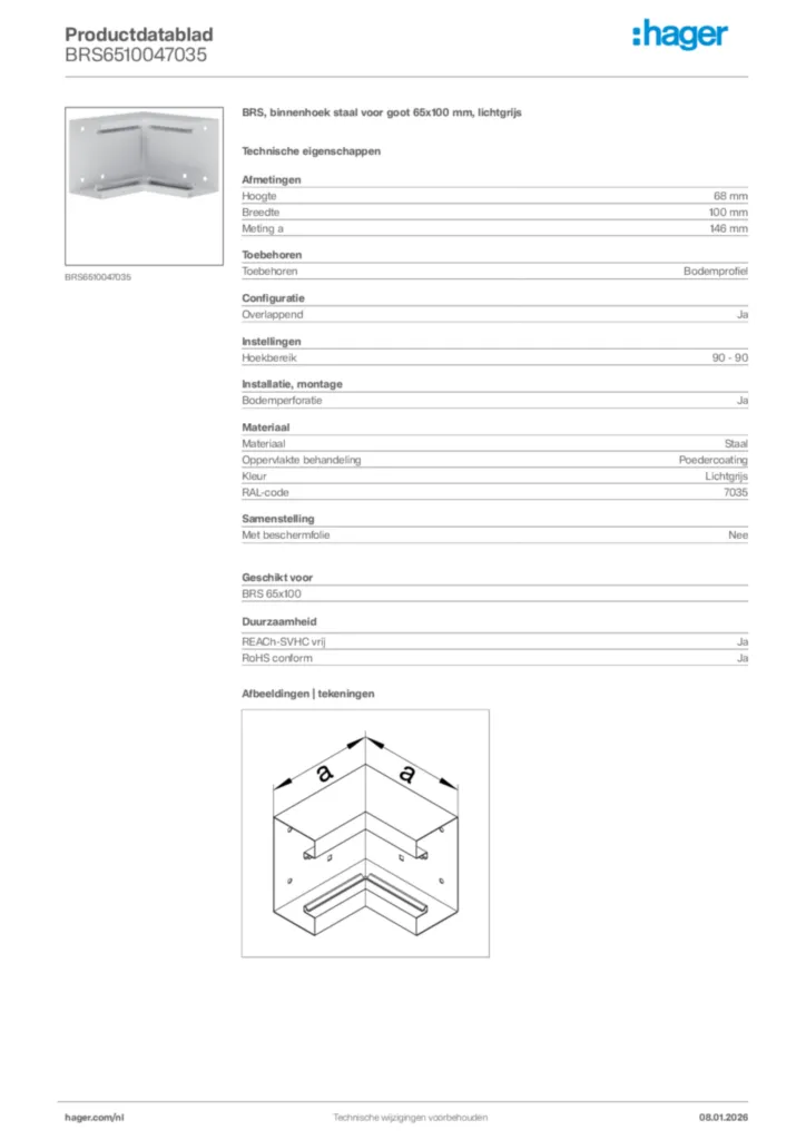 Afbeelding Hager Productdatablad BRS6510047035 | Hager Nederland