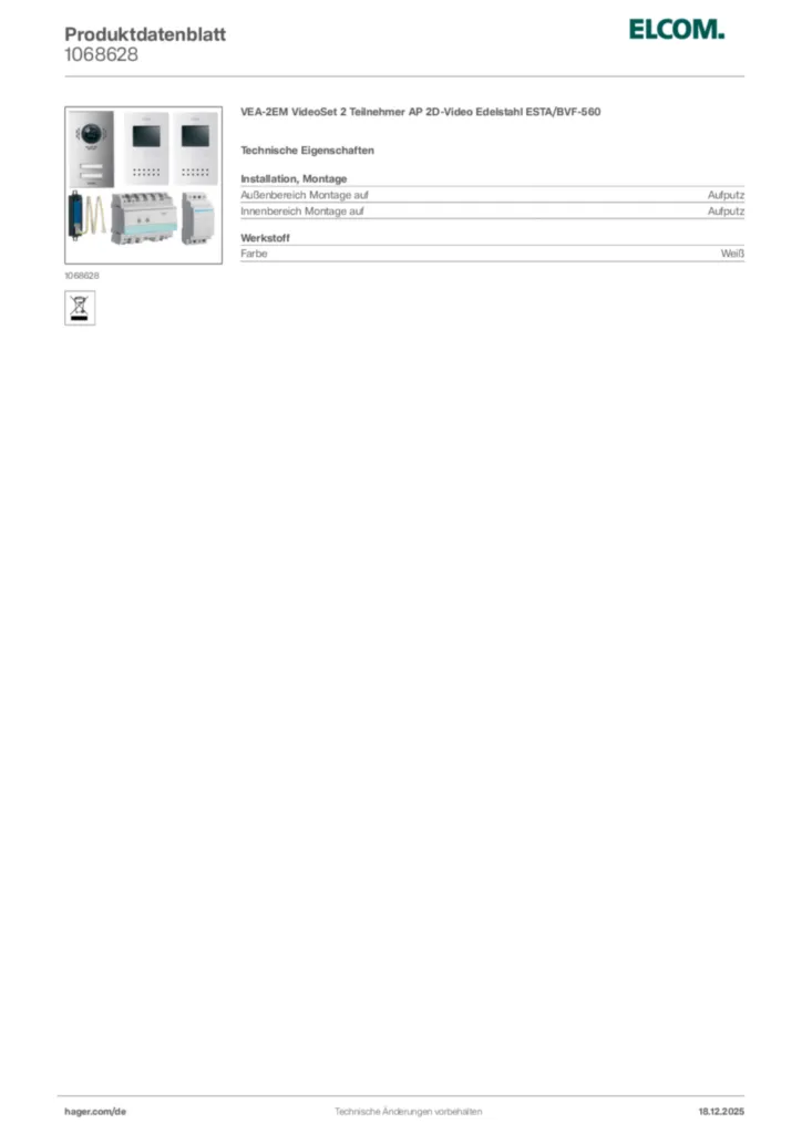 Bild Elcom Produktdatenblatt 1068628 | Hager Deutschland