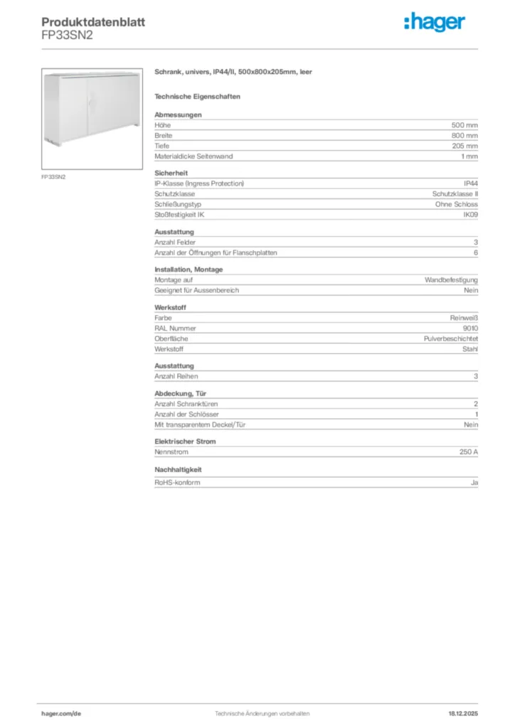Bild Hager Produktdatenblatt FP33SN2 | Hager Deutschland