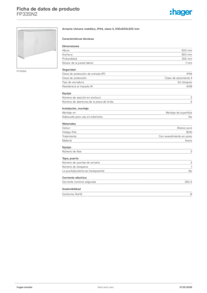 Imagen Hager Ficha de datos de producto FP33SN2 | Hager España