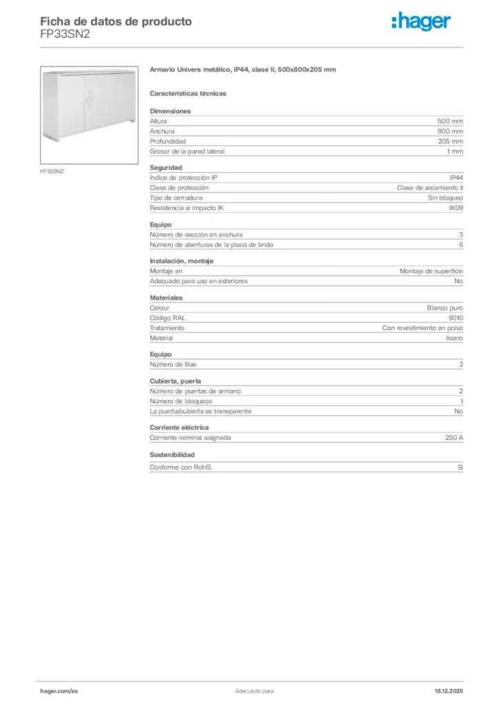 Imagen Hager Ficha de datos de producto FP33SN2 | Hager España