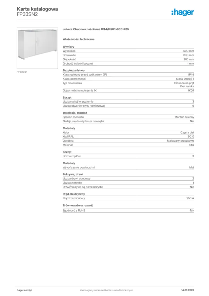 Zdjęcie Hager Karta katalogowa FP33SN2 | Hager Polska