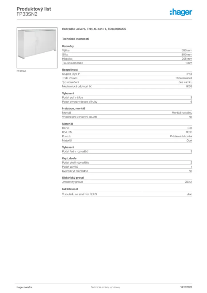 Obrázek Hager Produktový list FP33SN2 | Hager