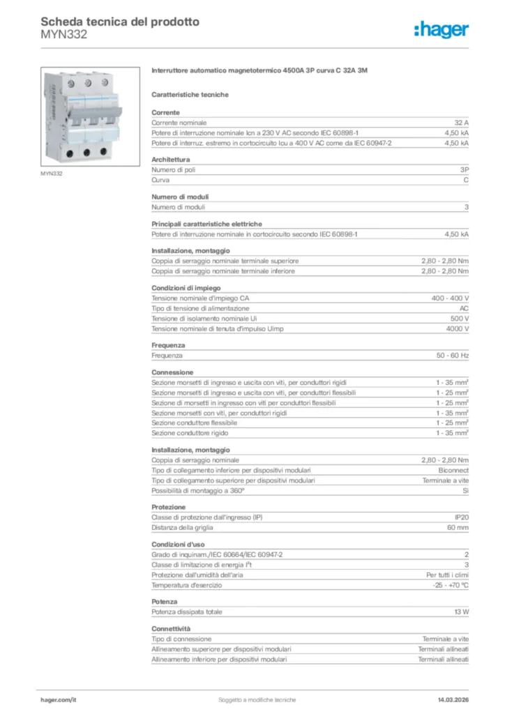 Immagine Hager Scheda tecnica del prodotto MYN332 | Hager Italia