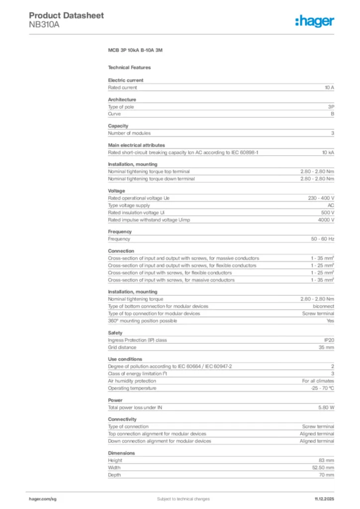 Image Hager Product data sheet NB310A  | Hager