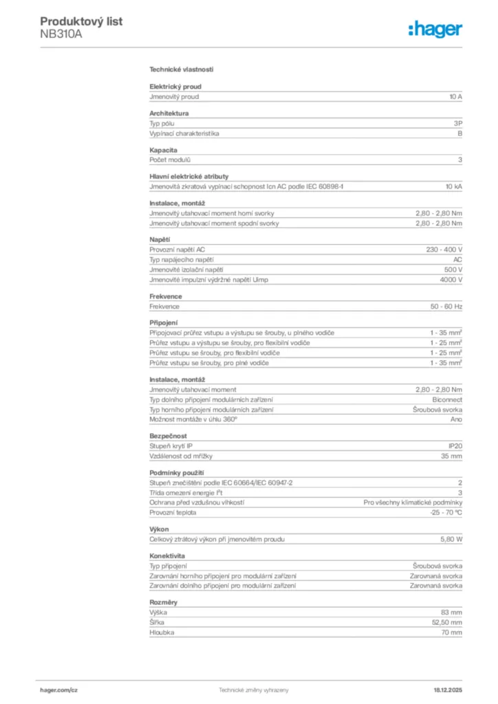 Obrázek Hager Produktový list NB310A | Hager