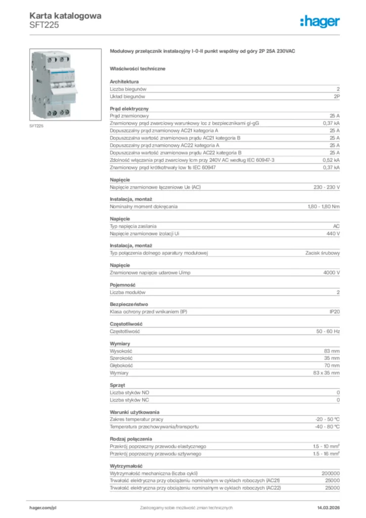 Zdjęcie Hager Karta katalogowa SFT225 | Hager Polska