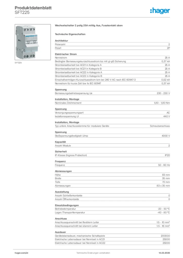 Bild Hager Produktdatenblatt SFT225 | Hager Deutschland