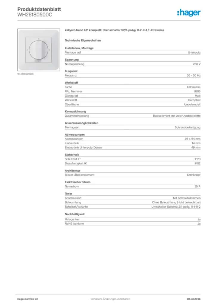Bild Hager Produktdatenblatt WH26180500C | Hager Schweiz