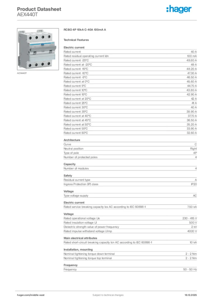 Image Hager Product data sheet AEX440T  | Hager