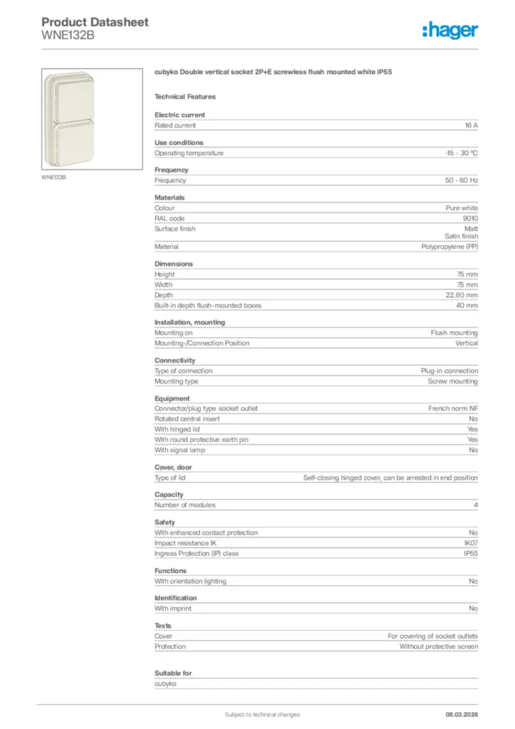 Image Hager Product data sheet WNE132B  | Hager Africa