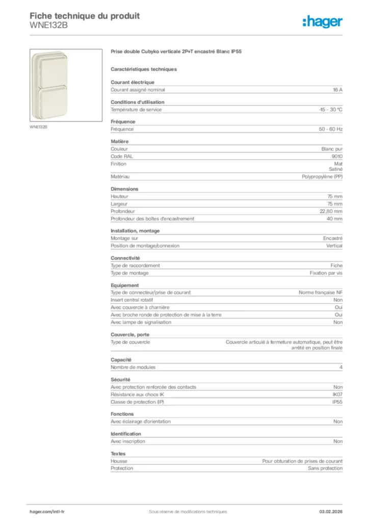 Image Hager Fiche technique du produit WNE132B | Hager Afrique
