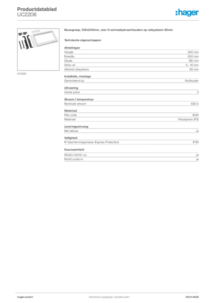 Afbeelding Hager Productdatablad UC22D6 | Hager Nederland