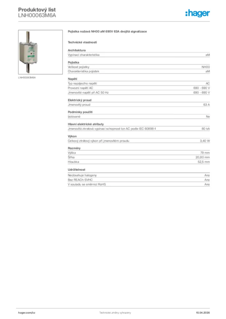 Obrázek Hager Product data sheet LNH00063M6A | Hager