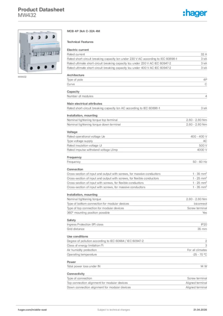 Image Hager Product data sheet MW432  | Hager