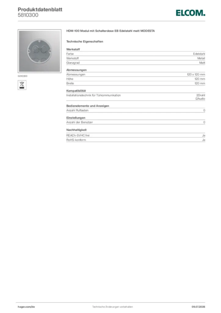 Bild Elcom Produktdatenblatt 5810300 | Hager Deutschland