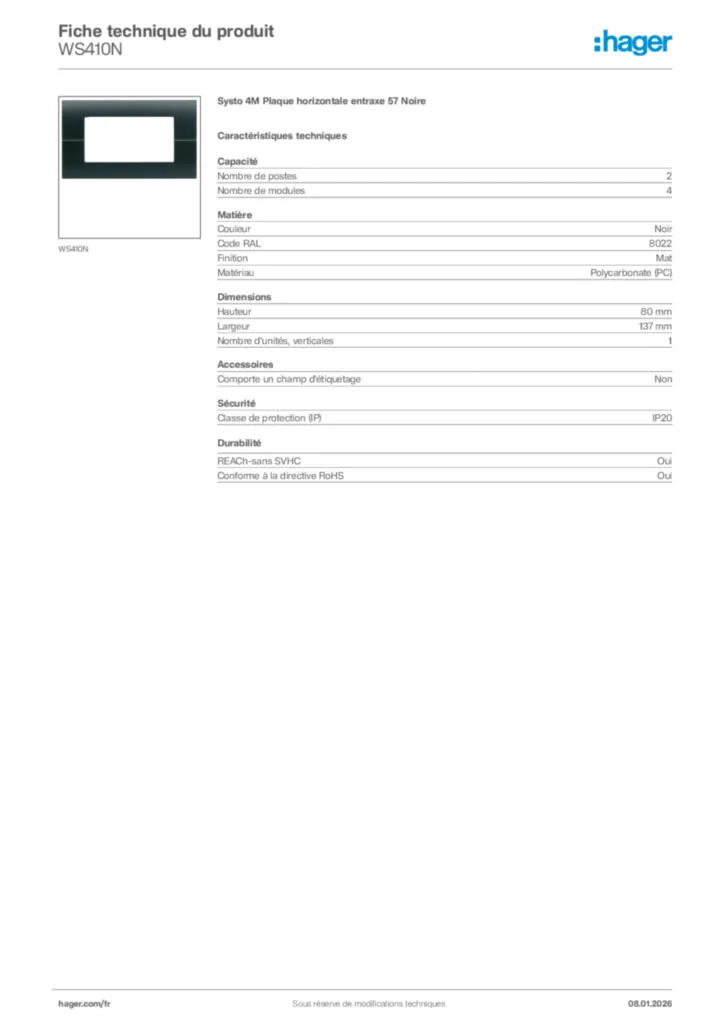 Image Hager Fiche technique du produit WS410N | Hager France
