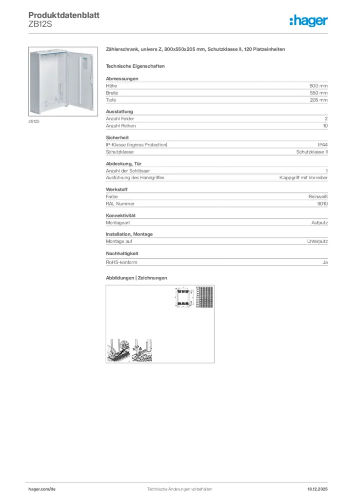 Bild Hager Produktdatenblatt ZB12S | Hager Deutschland