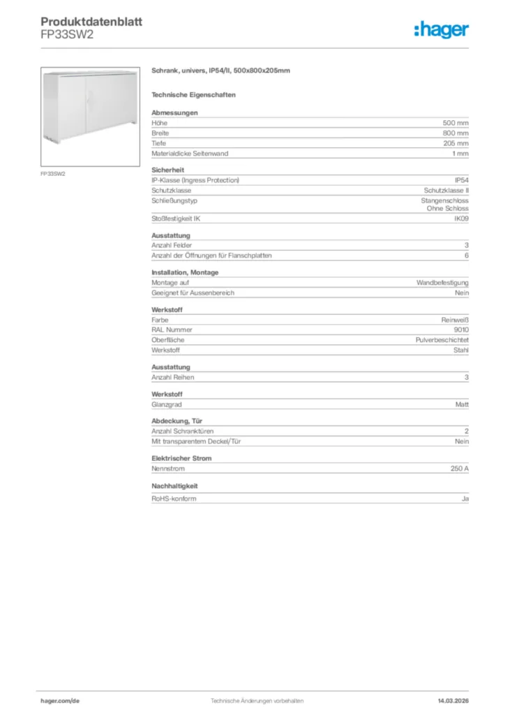 Bild Hager Produktdatenblatt FP33SW2 | Hager Deutschland