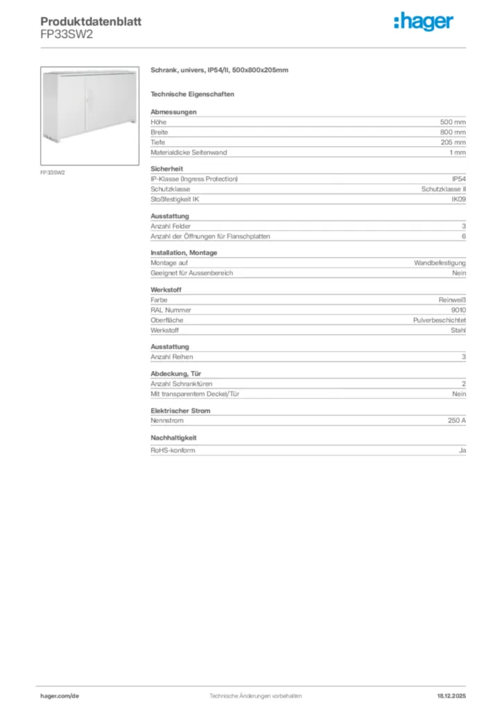 Bild Hager Produktdatenblatt FP33SW2 | Hager Deutschland