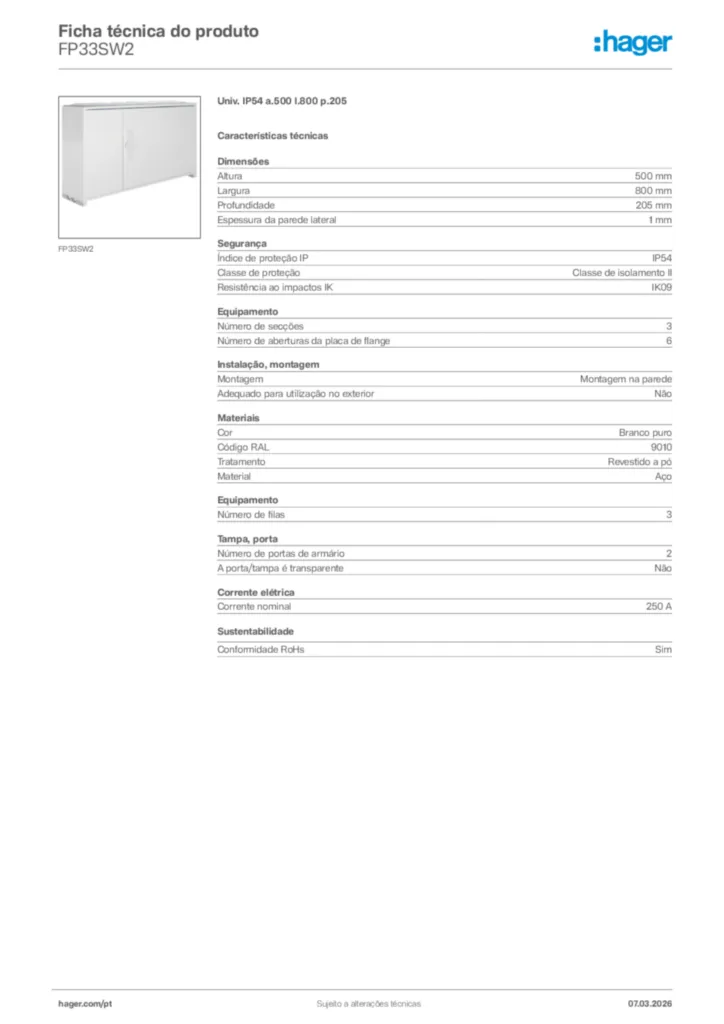 Imagem Hager Ficha técnica do produto FP33SW2 | Hager Portugal