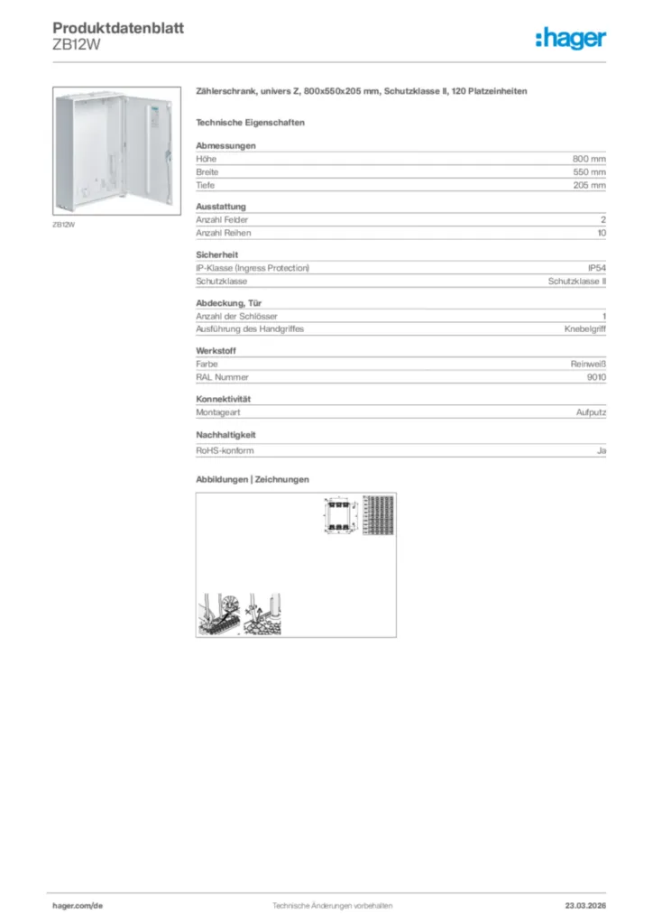 Bild Hager Produktdatenblatt ZB12W | Hager Deutschland