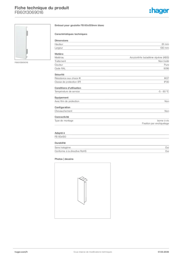 Image Hager Fiche technique du produit FB6013069016 | Hager France