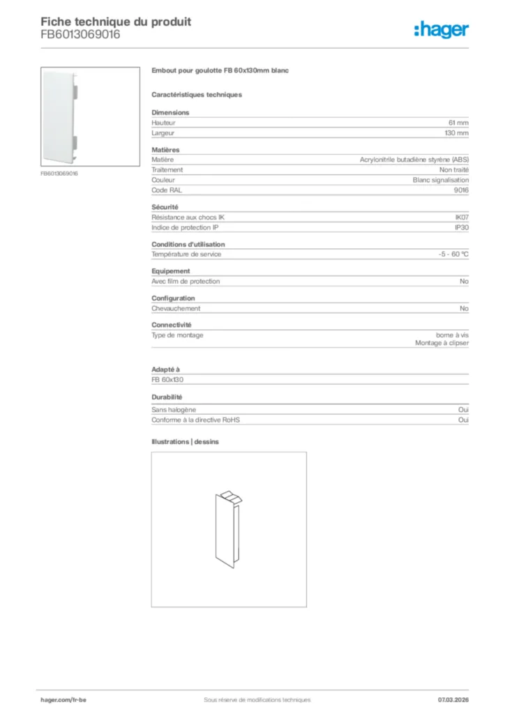 Image Hager Fiche technique du produit FB6013069016 | Hager Belgique