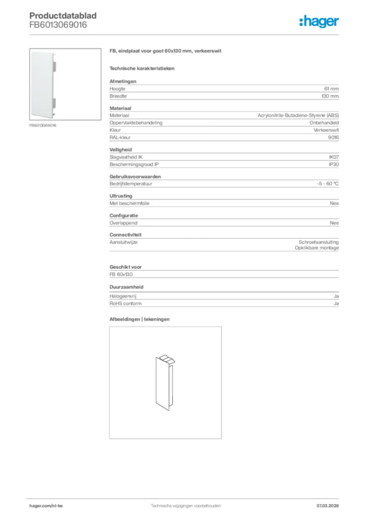 Afbeelding Hager Productdatablad FB6013069016 | Hager Belgium