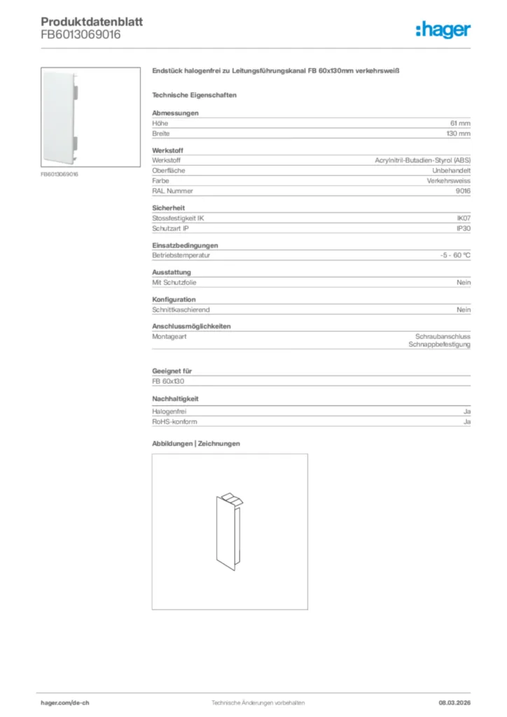 Bild Hager Produktdatenblatt FB6013069016 | Hager Schweiz