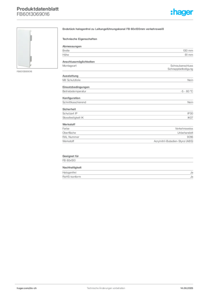 Bild Hager Produktdatenblatt FB6013069016 | Hager Schweiz