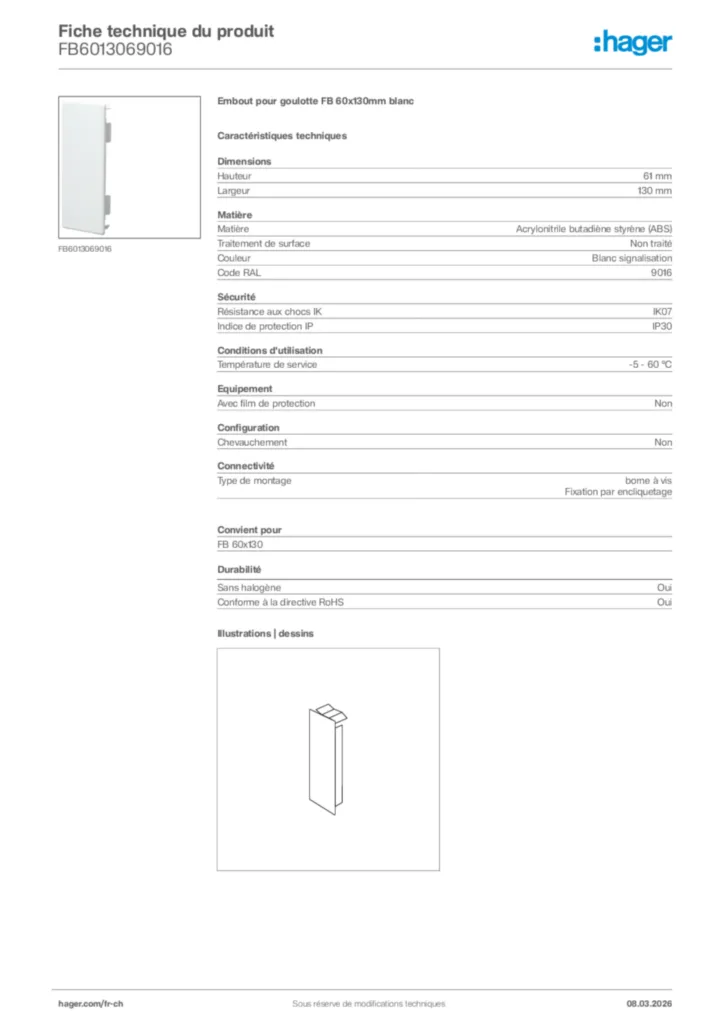 Image Hager Fiche technique du produit FB6013069016 | Hager Suisse