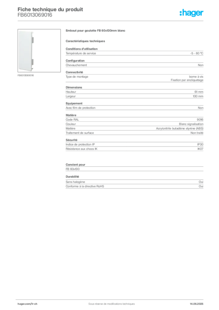Image Hager Fiche technique du produit FB6013069016 | Hager Suisse