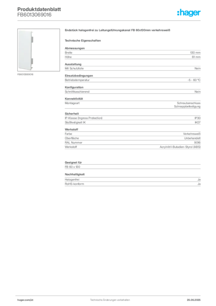 Bild Hager Produktdatenblatt FB6013069016 | Hager Deutschland