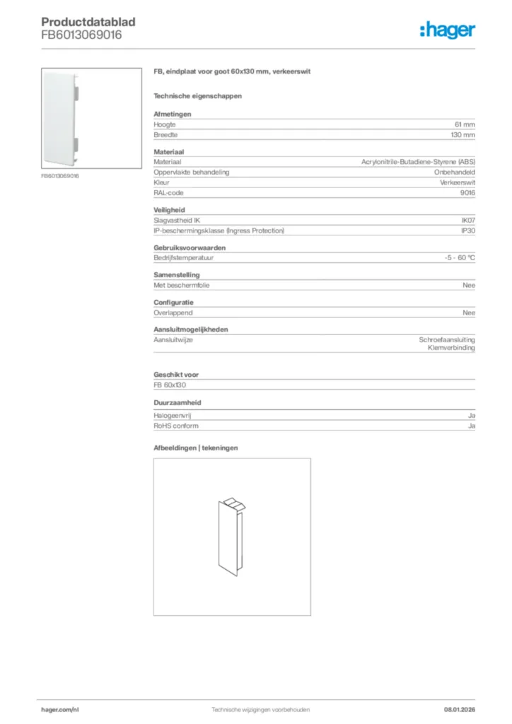 Afbeelding Hager Productdatablad FB6013069016 | Hager Nederland