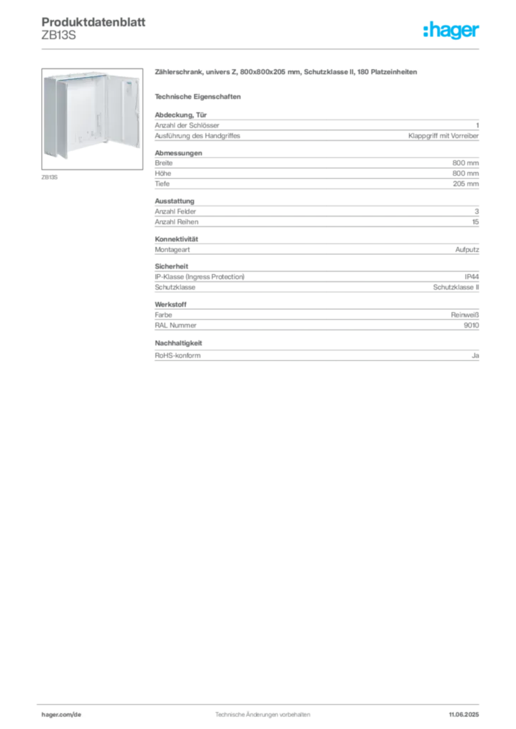 Hager Produktdatenblatt ZB13S