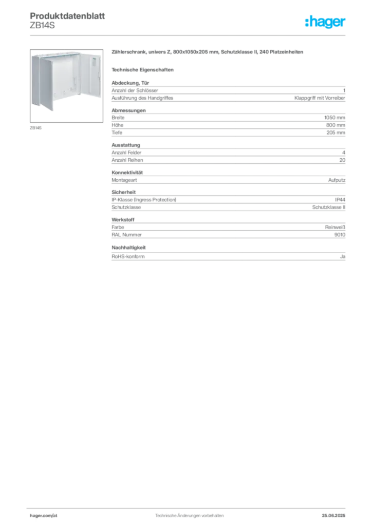 Bild Hager Produktdatenblatt ZB14S | Hager Deutschland