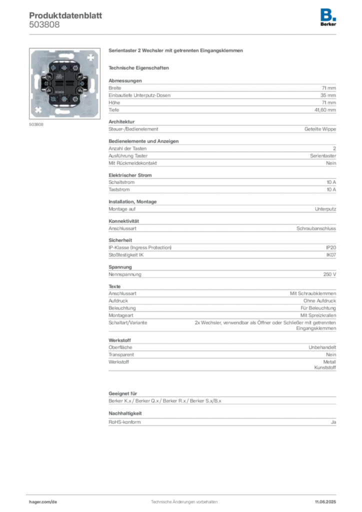 Bild Berker Produktdatenblatt 503808 | Hager Deutschland