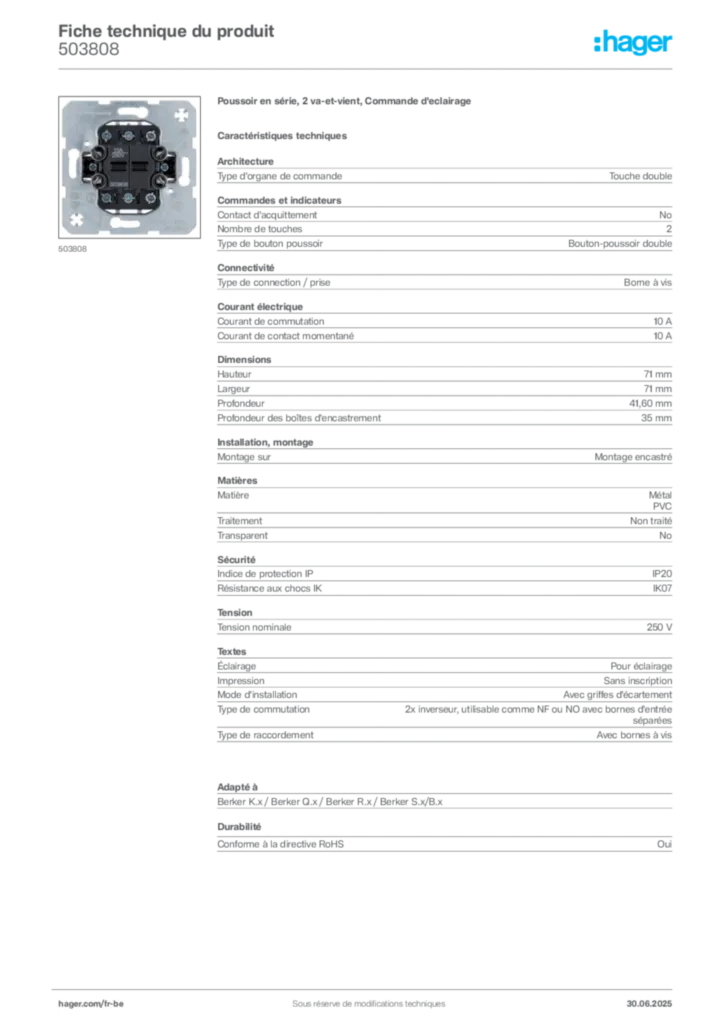 Image Hager Fiche technique du produit 503808 | Hager Belgique