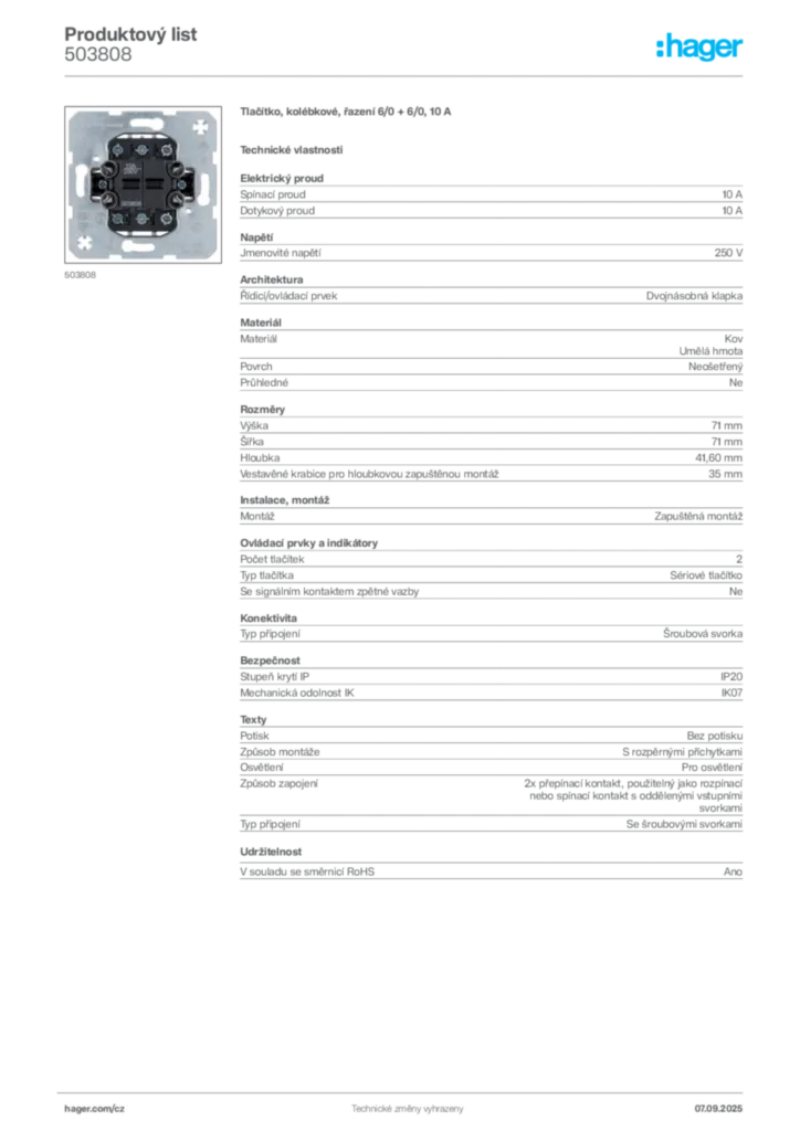 Obrázek Hager Produktový list 503808 | Hager