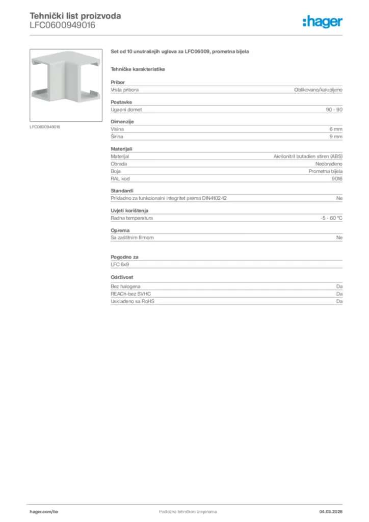 Slika Hager Tehnički list proizvoda LFC0600949016  | Hager