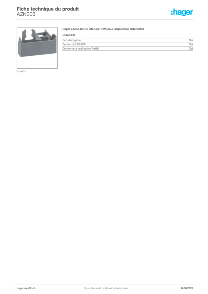Image Hager Fiche technique du produit AZN003 | Hager Suisse