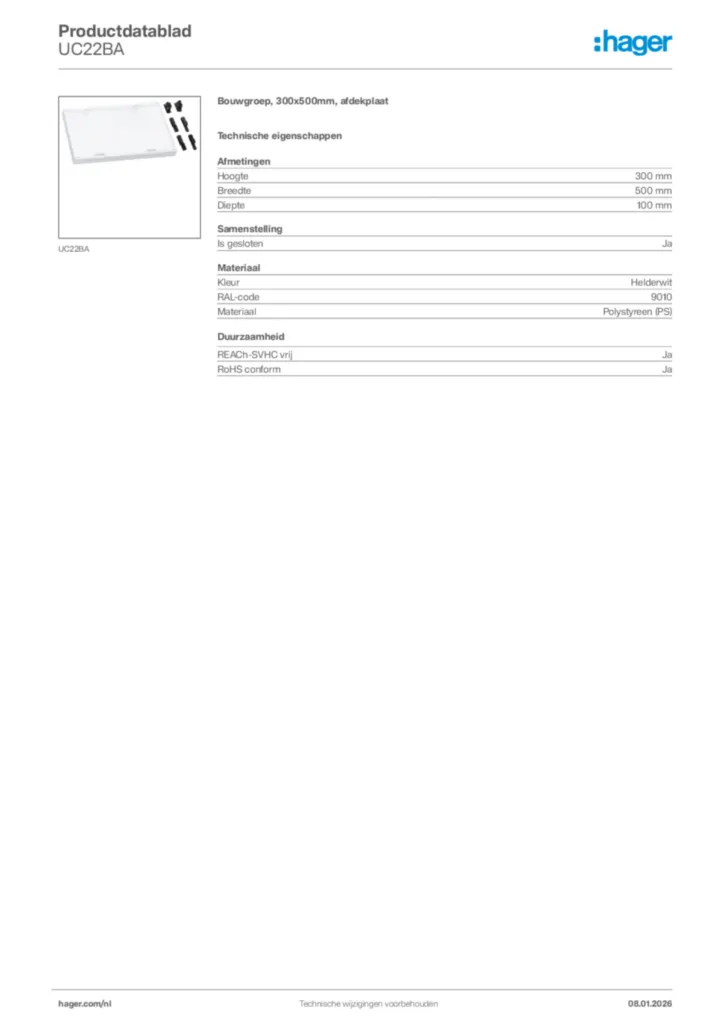 Afbeelding Hager Productdatablad UC22BA | Hager Nederland