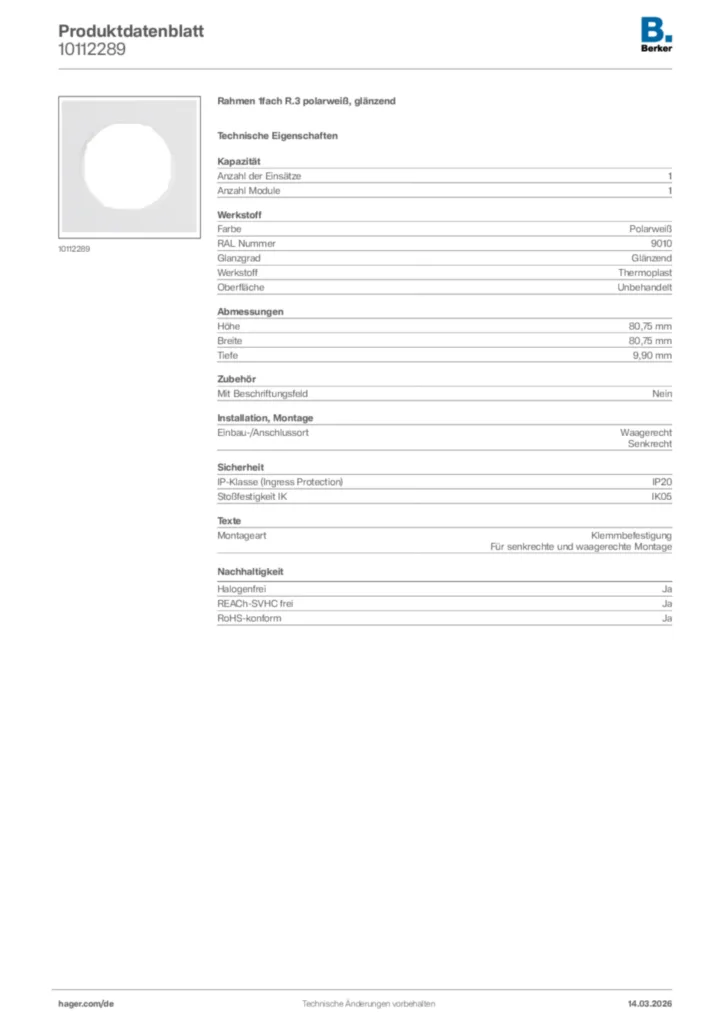 Bild Berker Produktdatenblatt 10112289 | Hager Deutschland