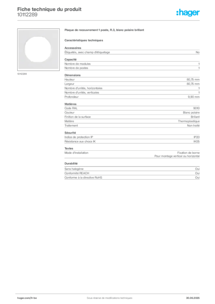 Image Hager Fiche technique du produit 10112289 | Hager Belgique