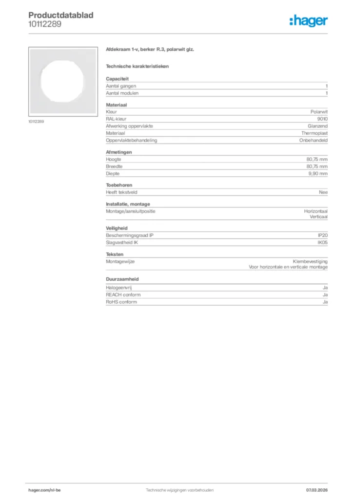 Afbeelding Hager Productdatablad 10112289 | Hager Belgium