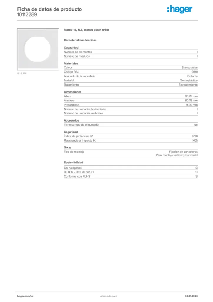 Imagen Hager Ficha de datos de producto 10112289 | Hager España