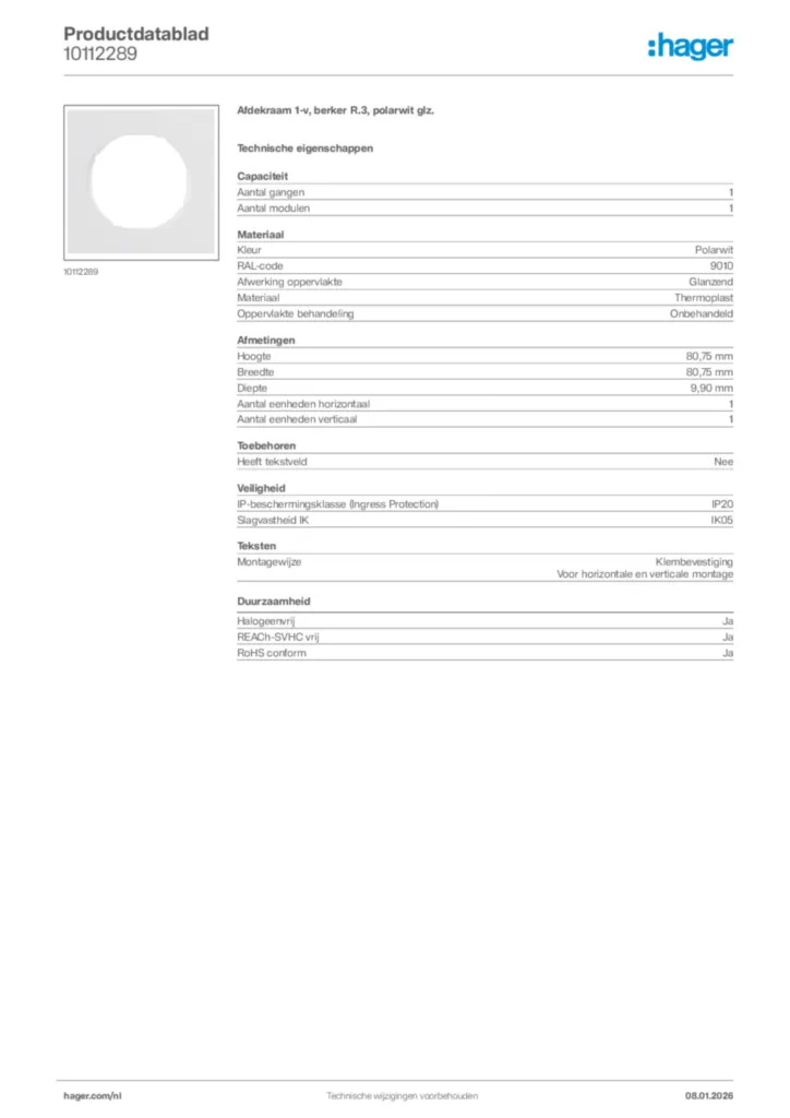 Afbeelding Hager Productdatablad 10112289 | Hager Nederland